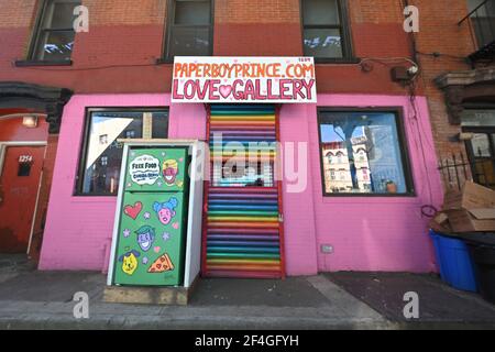 New York, USA. 21st Mar, 2021. Exterior view of the Paperboy Prince Love Gallery where Mr. Prince is headquartered as runs for Mayor of New York City, in the Brooklyn borough of New York City, NY, March 21, 2021. In 2020 Mr. Prince ran for New York's 7th congressional district but was defeated, his current political platform includes advocacy for universal basic income and Medicare for all. (Photo by Anthony Behar/Sipa USA) Credit: Sipa USA/Alamy Live News Stock Photo