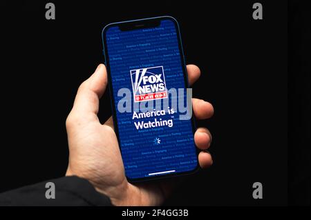 Kharkov, Ukraine - March 17, 2021: Fox News channel application on the screen Stock Photo