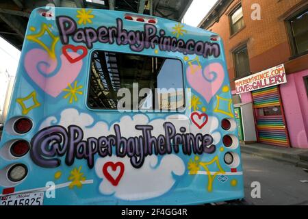 New York, USA. 21st Mar, 2021. Paperboy Prince campaign van outside the Love Gallery run by Paperboy Prince who is trying to run for Mayor of New York City, in the Brooklyn borough of New York City, NY, March 21, 2021. In 2020 Mr. Prince ran for New York's 7th congressional district but was defeated, his current political platform includes advocacy for universal basic income and Medicare for all. (Photo by Anthony Behar/Sipa USA) Credit: Sipa USA/Alamy Live News Stock Photo