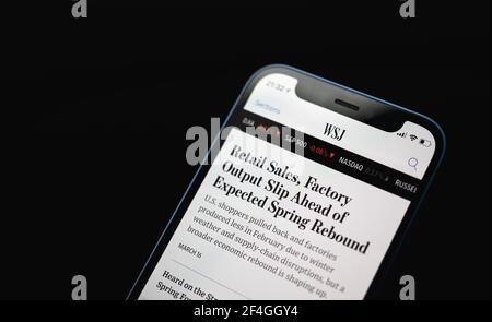 Kharkov, Ukraine - March 17, 2021: The Wall Street Journal app for mobile phone Stock Photo