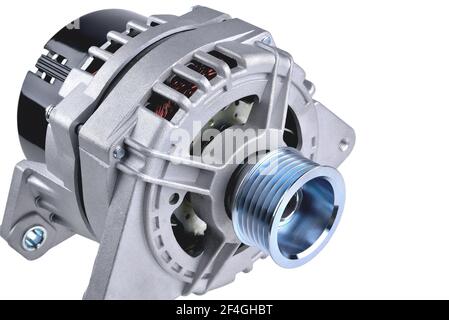 car generator, car electrical network element on white background, generator details close-up selective focus Stock Photo