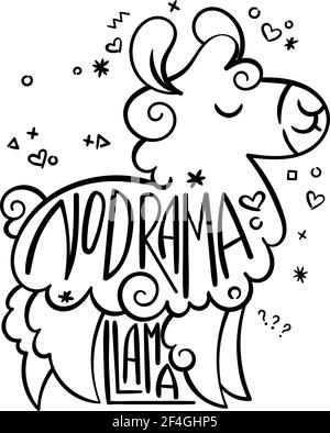 No Drama Llama. Cute curly alpaca with lettering. Illustration for coloring pages, children prints and publications Stock Vector