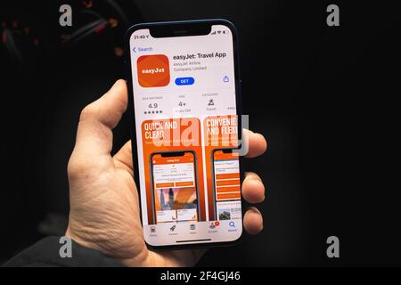 Kharkov, Ukraine - March 17, 2021: EasyJet app with logo on smartphone screen Stock Photo