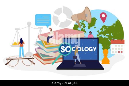 sociology studies concept people around laptop scale book speaker location pointer earth chess calendar spectacles with flat cartoon style Stock Vector