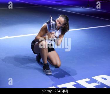 Daria Kasatkina of Russia kissing the trophy during the award ceremony