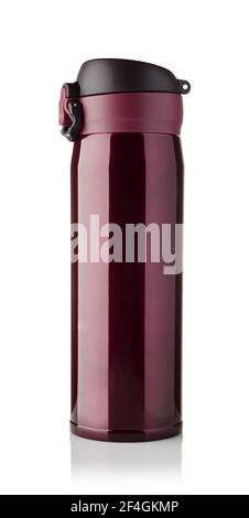 Red metal thermos isolated on white. Front view. Stock Photo