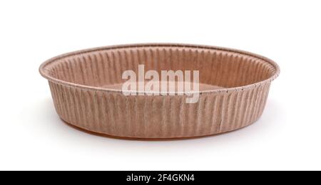 Round empty large paper baking dish isolated on white. Stock Photo
