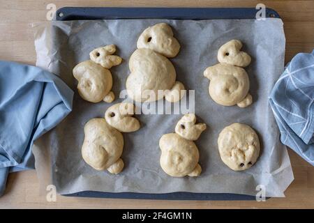 Sweet brioche dough in the shape of Easter bunnies Stock Photo