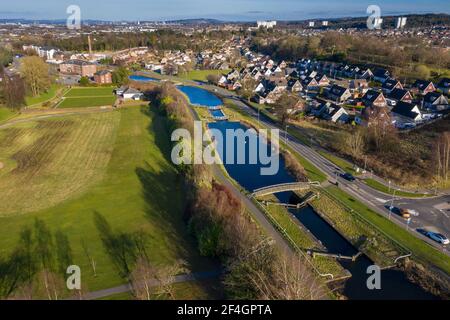 Aerial view of the Forth and Clyde canal at Camelon, Falkirk. Stock Photo