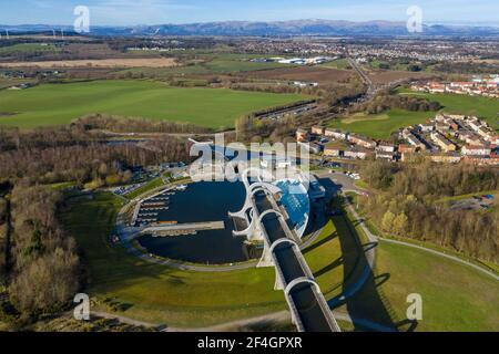 Aerial view of the The Falkirk Wheel a rotating boat lift in central Scotland, connecting the Forth and Clyde Canal with the Union Canal. Stock Photo