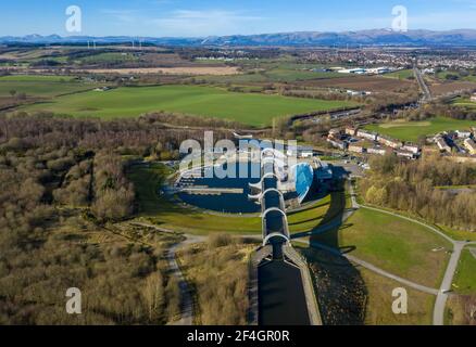 Aerial view of the The Falkirk Wheel a rotating boat lift in central Scotland, connecting the Forth and Clyde Canal with the Union Canal. Stock Photo