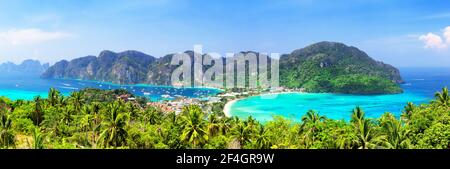 Panoramic view at viewpoint of beautiful tropical Phi Phi island in Krabi province, Thailand. Famous Koh Phi Phi Don island with white sand beach and Stock Photo