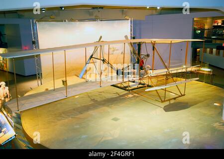 Replica of the original Wright Brother's bi wing wright flyer airplane at the Henry Ford Museum at Greenfield Village Dearborn, Michigan Stock Photo