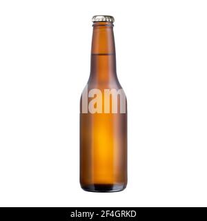 Brown glass bottle full of beer with cap isolated on white background, front view bottled product with no label cutout Stock Photo