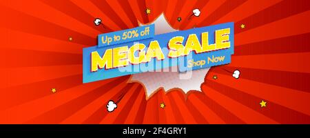 Mega sale. Advertising banner. Vintage pop art style background. Vector 3d illustration. Stock Vector