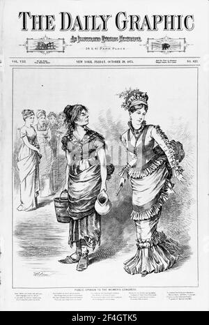 Cover illustration from The Daily Graphic, contrasting the privileged figure of a Women's Congress member with a 'working woman' they claimed to represent, published in New York for the American market, 1875. Photography by Emilia van Beugen. () Stock Photo