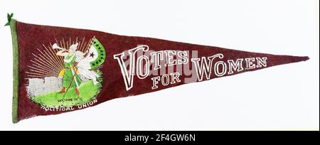 Felt Women's Suffrage pennant, produced by Harriot Stanton Blatch's Women's Political Union, borrowing its colors of purple, green, and white from Emmeline Pankhurst's English Association and its image of 'The Bugler Girl' from a design by Caroline Watts, 1915. Photography by Emilia van Beugen. () Stock Photo