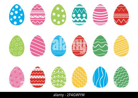 Set of Easter colorful eggs with beautiful patterns isolated on white background. Flat style design vector illustration Stock Vector