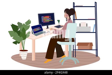 women work on computer development program software with flat cartoon style Stock Vector