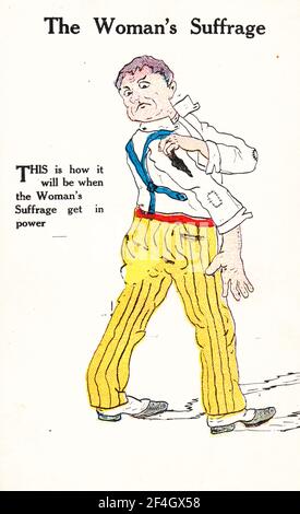 Anti-suffrage postcard, depicting a man looking angrily at his rumpled, poorly mended shirt, with a caption warning that 'This is how it will be when the Woman's Suffrage get in power', 1900. Photography by Emilia van Beugen. () Stock Photo