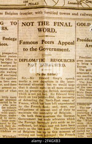 'Not The Final Word' headline on Letter to the Editor suggesting British Neutrality in the Daily News & Reader newspaper on 5th Aug 1914. Stock Photo