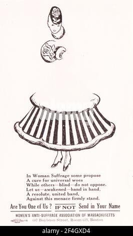 Postcard with an anti-suffrage message and an image of a young, stylish woman printed against a pink background, the official color of the anti's, ' published by the Women's Anti-Suffrage Association of Massachusetts, 1915. Photography by Emilia van Beugen. () Stock Photo