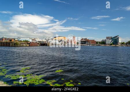 Cardiff Bay is located in the south of Cardiff, the capital of Wales. Stock Photo