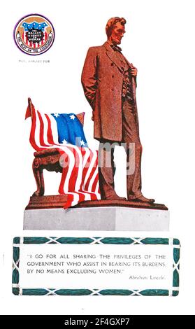 Suffrage postcard, depicting the 'Standing Lincoln' statue, with a four-starred American flag draped over Lincoln's chair, captioned with a gender-inclusive Lincoln quote, published by the Cargill Company, Grand Rapids, Michigan, 1910. Photography by Emilia van Beugen. () Stock Photo