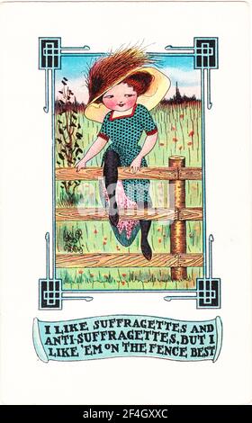 Postcard depicting a pretty, young woman exposing her legs while climbing over a fence, captioned 'I like suffragettes and anti-suffragettes, but I like 'em on the fence best,' printed in the United States, 1900. Photography by Emilia van Beugen. () Stock Photo