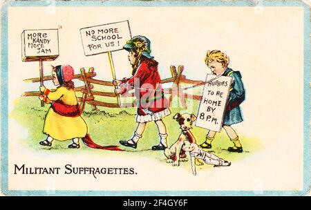 Postcard depicting two little girls holding protest signs and leading a reluctant boy, wearing a 'Hubbies to be home by 8 PM' placard, by a length of rope, captioned 'Militant Suffragettes', 1900. Photography by Emilia van Beugen. ()