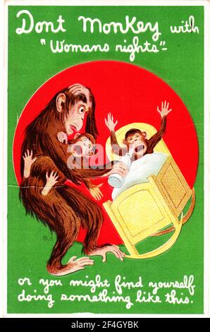 Postcard depicting a male monkey holding a crying baby monkey while trying to give a bottle to a second baby in a crib captioned 'Don't Monkey with Woman's rights - or you might find yourself doing something like this', 1900. Photography by Emilia van Beugen. () Stock Photo