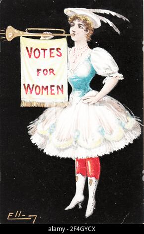 Commercial card with an image of a young woman wearing a short skirt and feathered hat, and blowing a bugle with the banner text 'Votes for Women, ' printed in Germany and distributed in the United States and the United Kingdom, 1900. Photography by Emilia van Beugen. () Stock Photo