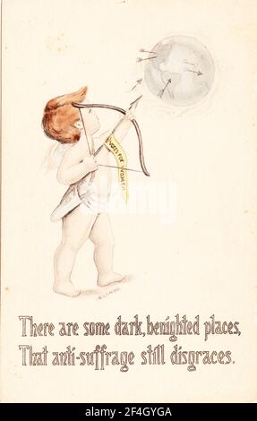 Suffrage-era valentine postcard, depicting Cupid shooting arrows at the earth, captioned 'There are some dark, benighted places, That anti-suffrage still disgraces, ' from a set of six cards by artist CE Perry, printed in the United States, 1900. Photography by Emilia van Beugen. () Stock Photo