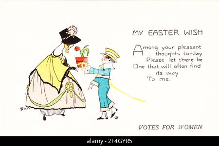 Holiday postcard depicting a young boy gifting a flowering plant to a woman, with a generic Easter verse and the words 'Votes for Women' beneath the greeting, published by PF Volland, Chicago, April, 1917. Photography by Emilia van Beugen. () Stock Photo