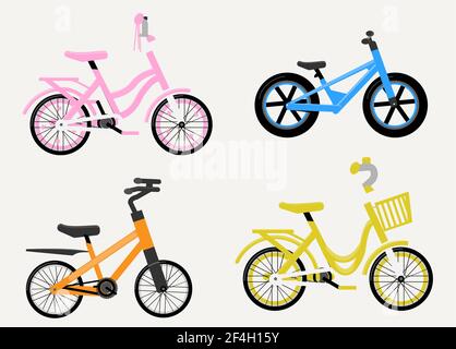 Set of kids bikes. Bicycles for children, for boys and for girls. Icons, vector, flat design. Stock Vector