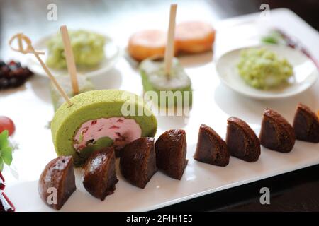 Japanese dessert mix on wood background Stock Photo