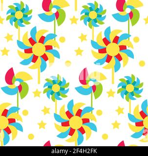 Paper windmill children seamless pattern .Garden windmill summer endless background, texture. Vector illustration Stock Vector