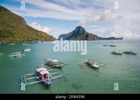 Aerial view of boats at El Nido harbour in El Nido, Palawan Island, Philippines. Stock Photo