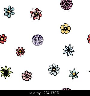 Flowers. Seamless illustration. Cartoon style sketch of meadow. Hand outline drawing plants. vector Stock Vector