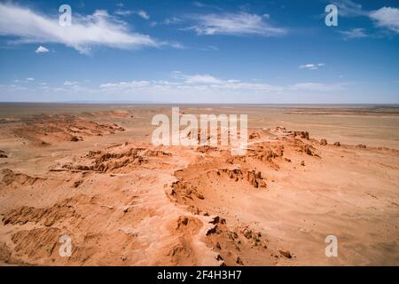 Aerial view of Bayanzag Flaming Cliffs in the Gobi Desert, Mongolia. Stock Photo