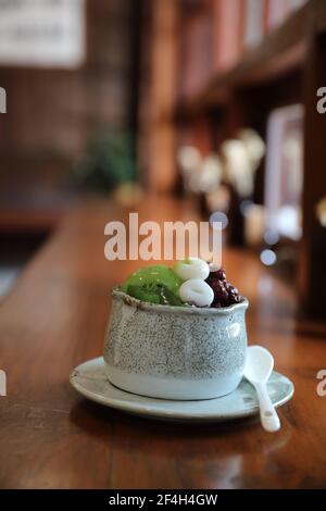 Japanese dessert Anmitsu green tea ice cream red bean and moji Stock Photo