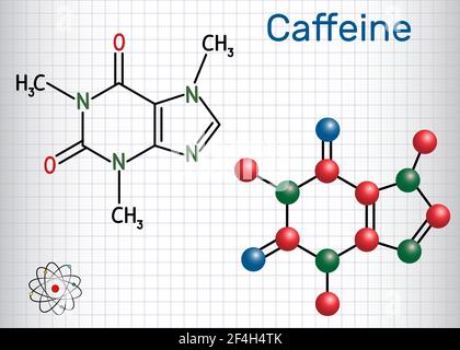 Caffeine molecule. Structural chemical formula and molecule model. Sheet of paper in a cage Stock Vector