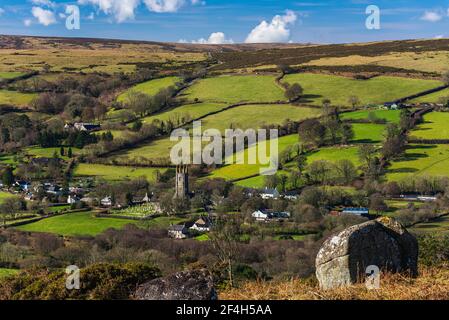 Fields and meadows in Haytor Rocks, Dartmoor Park, Widecombe in the Moor, Devon, England, Europe Stock Photo