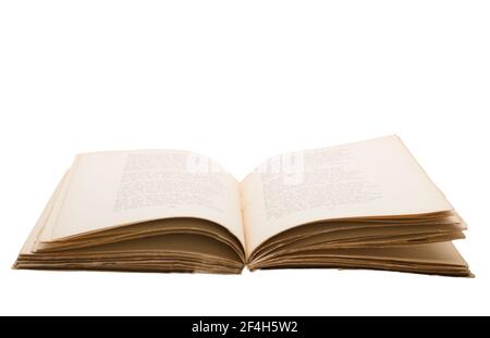 Open old book, isolated on white - VINTAGE. Stock Photo