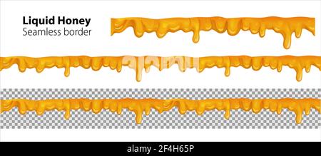 Liquid honey drips. Seamless long border with melted honey drops. Vector illustration with isolated design element. Stock Vector