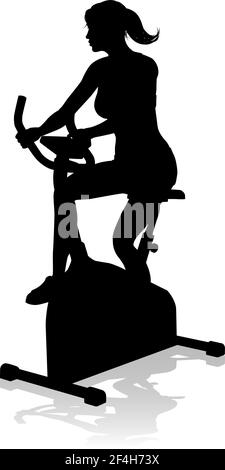 Gym Woman Silhouette Stationary Exercise Spin Bike Stock Vector