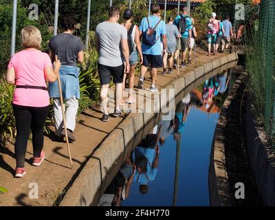 Madeira, Portugal. 09,05,2017     Group of tourists walking along the typical water ditches or 'levadas' of the island. Stock Photo