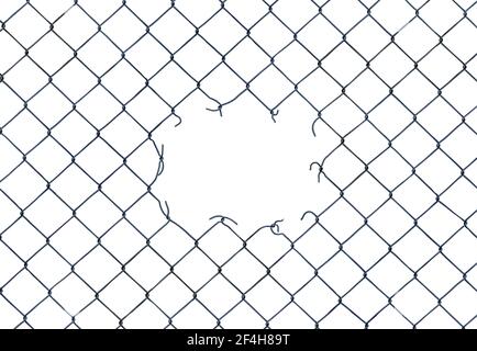 Framing Image Of A Hole In A Chain-Link  Fence On A White Background Stock Photo