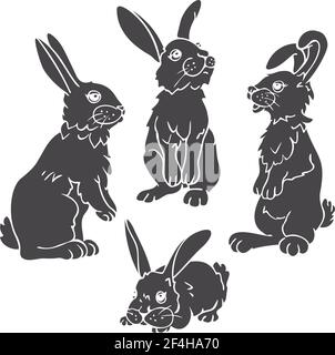 Vector set of four rabbits in different postures. Collection of hares. Stock Vector