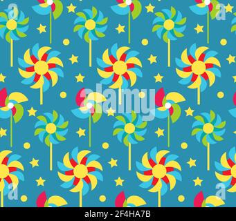 Paper windmill children seamless pattern .Garden windmill summer endless background, texture. Vector illustration Stock Vector